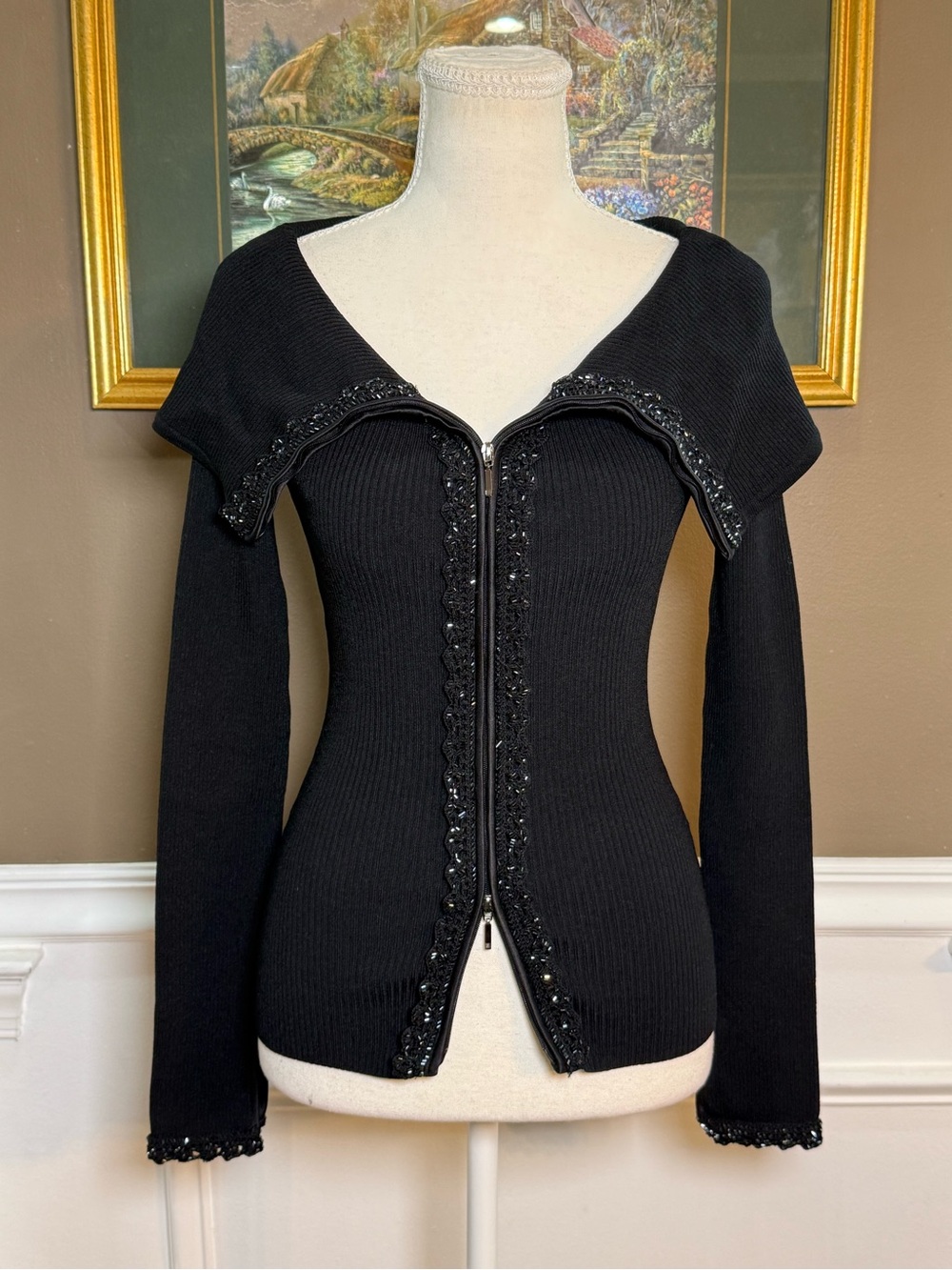 Y2K Cache Black Beaded Off Shoulder Dual Zip Sweater XS Desperate Housewives